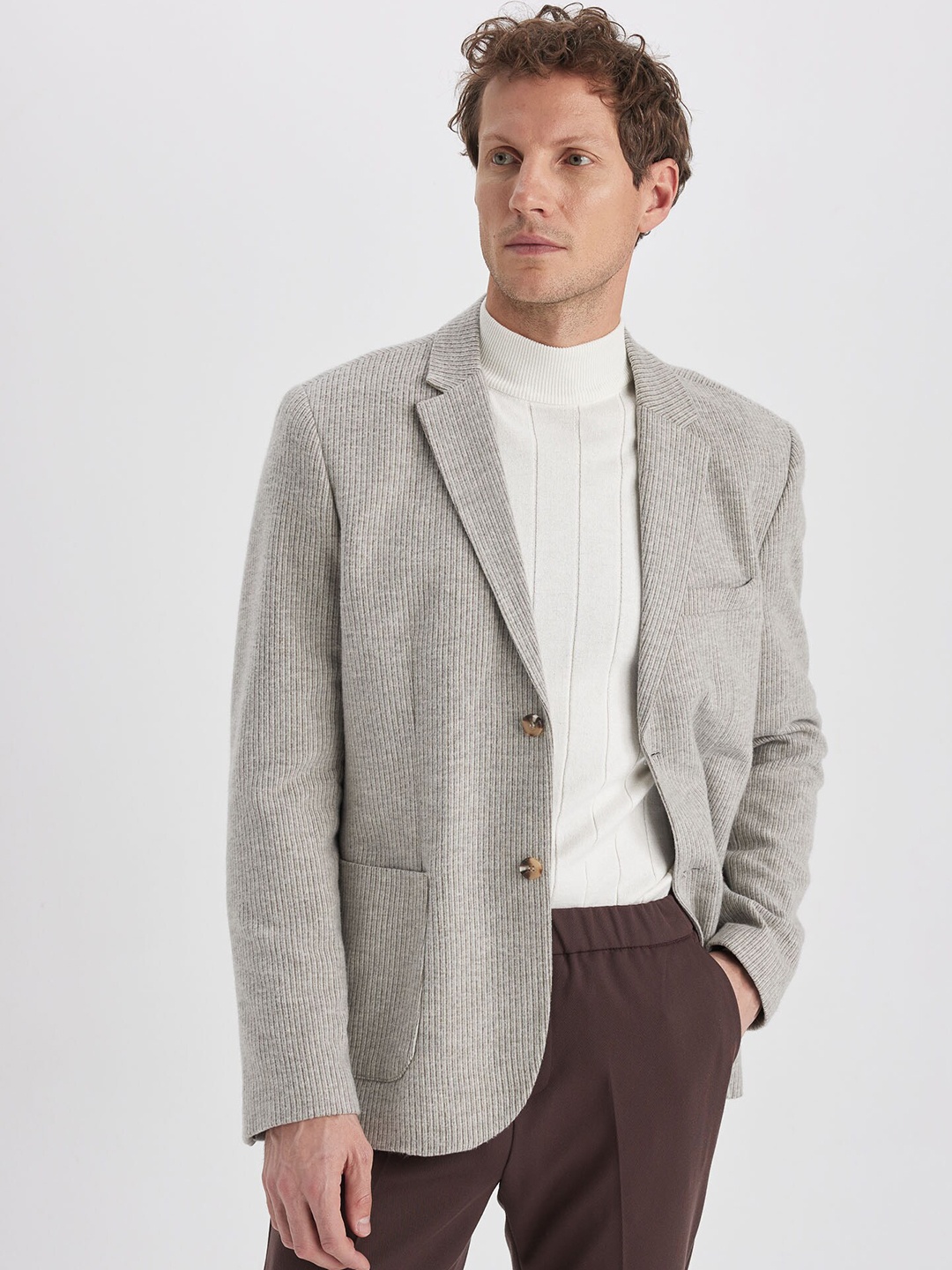 

DeFacto Self Design Single-Breasted Notched Lapel Blazer, Grey