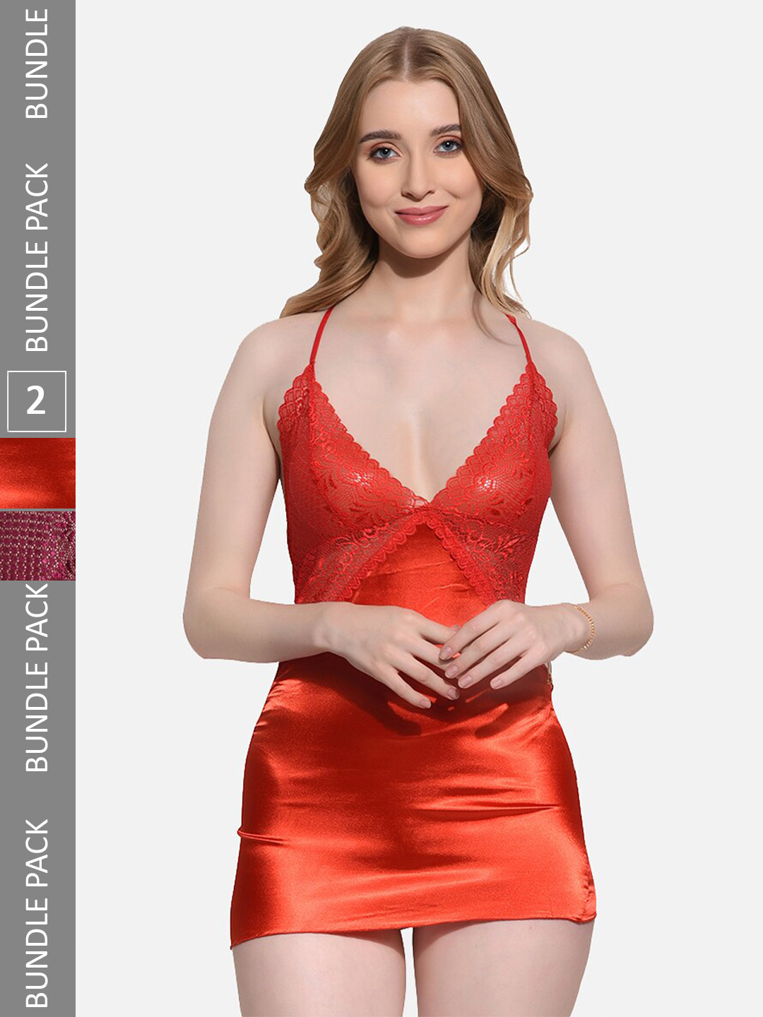 

FIMS Pack Of 2 Self Design Halter Neck Baby Doll With Briefs, Red