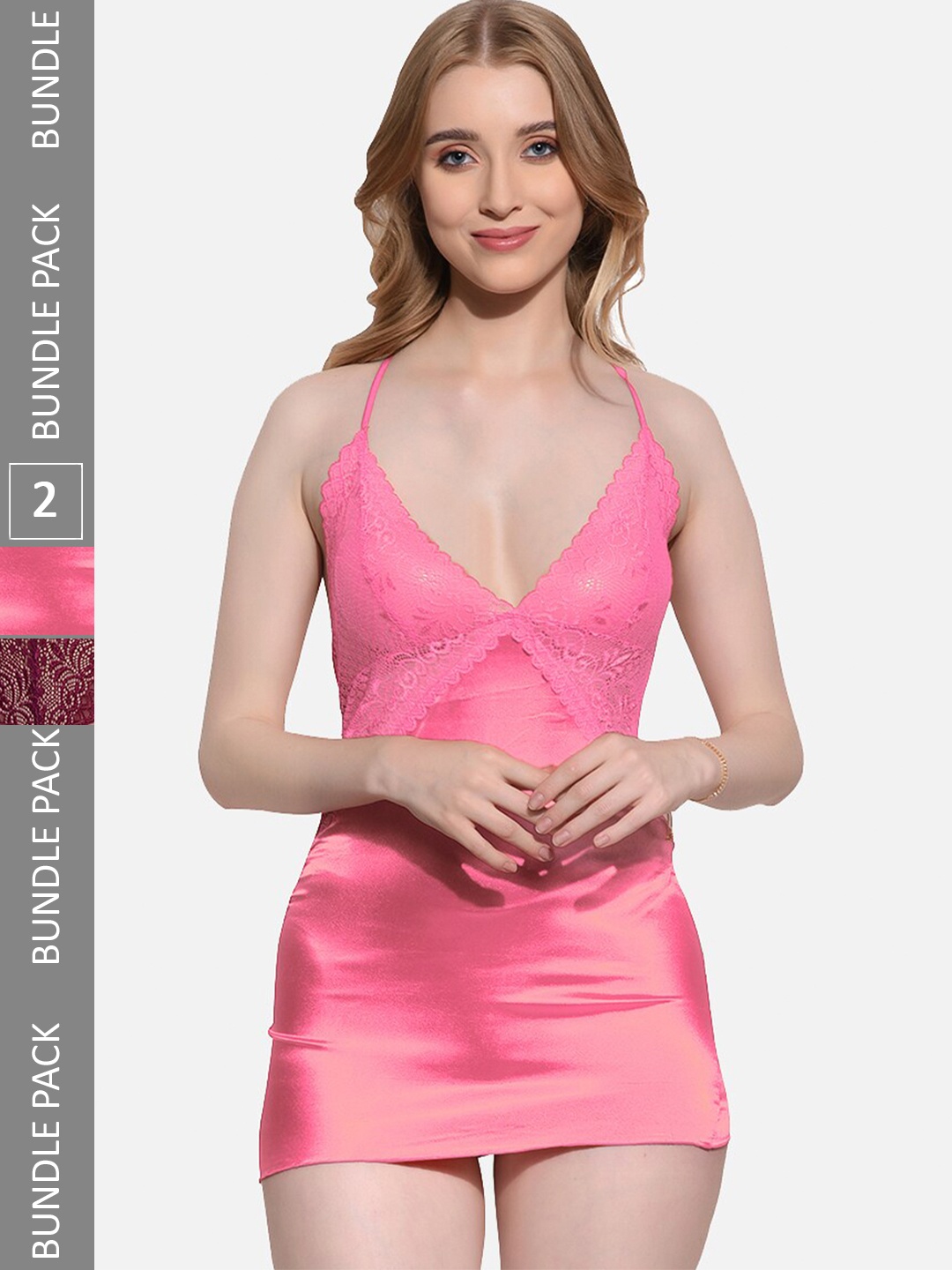 

FIMS Pack Of 2 Halter Neck Baby Doll With Briefs, Pink