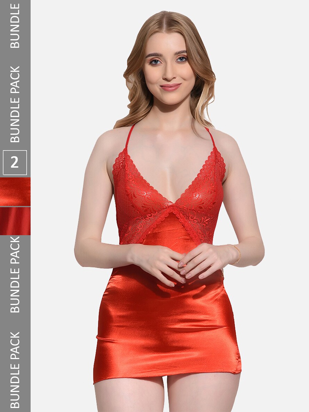

FIMS Pack Of 2 Self Design Halter Neck Baby Doll With Briefs, Red