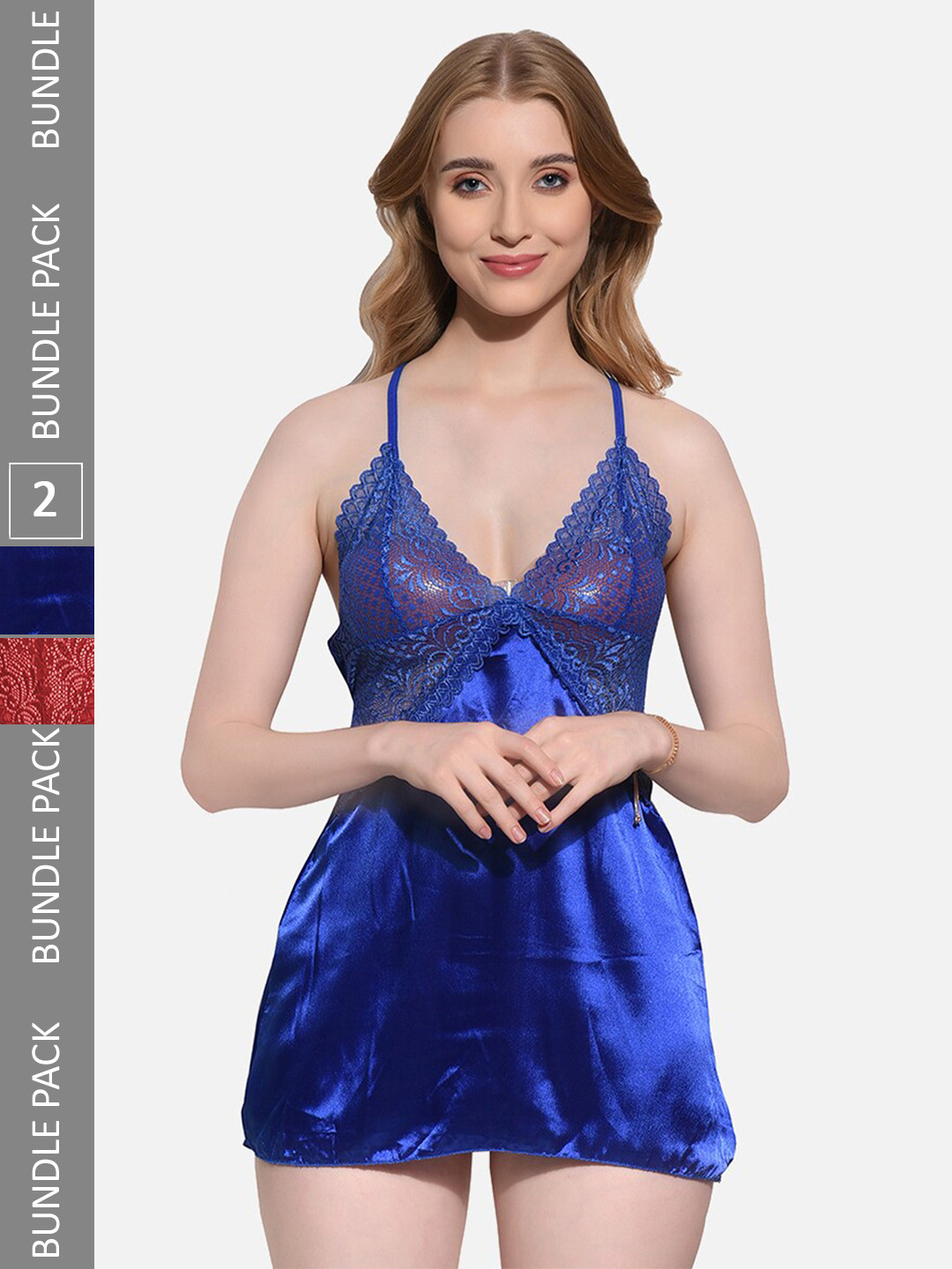 

FIMS Pack Of 2 Self Design Halter Neck Baby Doll With Briefs, Blue