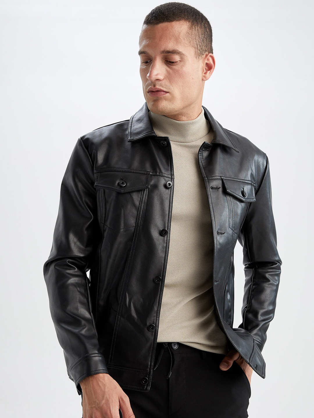 

DeFacto Spread Collar Biker Jacket, Black