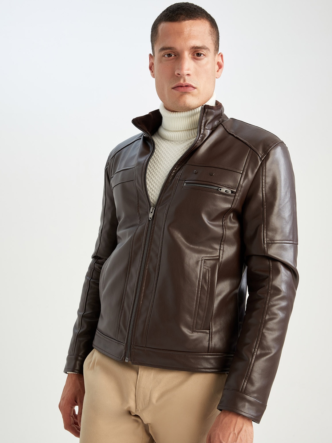 

DeFacto Men Mandarin Collar Biker Jacket, Brown