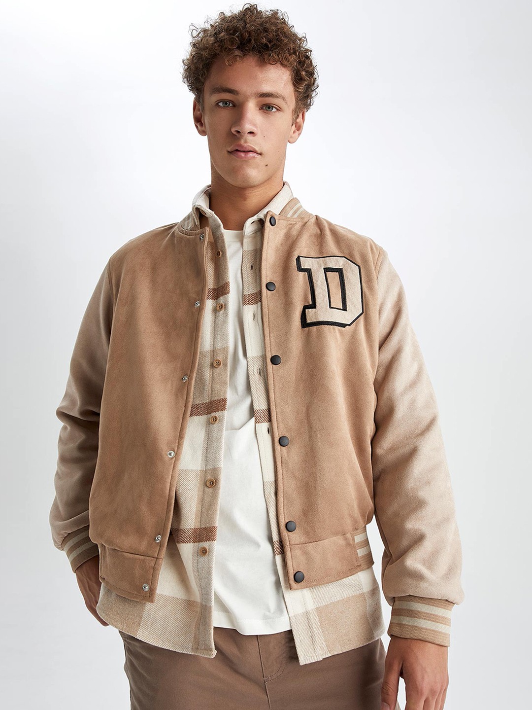 

DeFacto Stand Collar Crop Bomber with Patchwork Jacket, Khaki