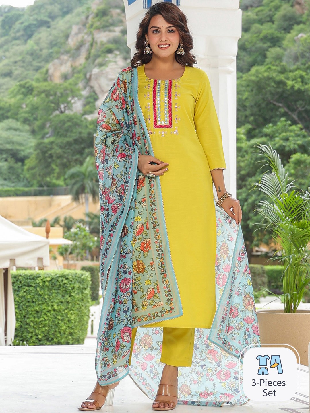 

KALINI Ethnic Motifs Yoke Design Mirror Work Kurta & Palazzos With Dupatta, Yellow