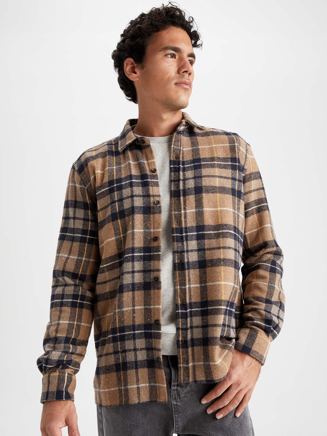 

DeFacto Tartan Checked Casual Shacket, Brown