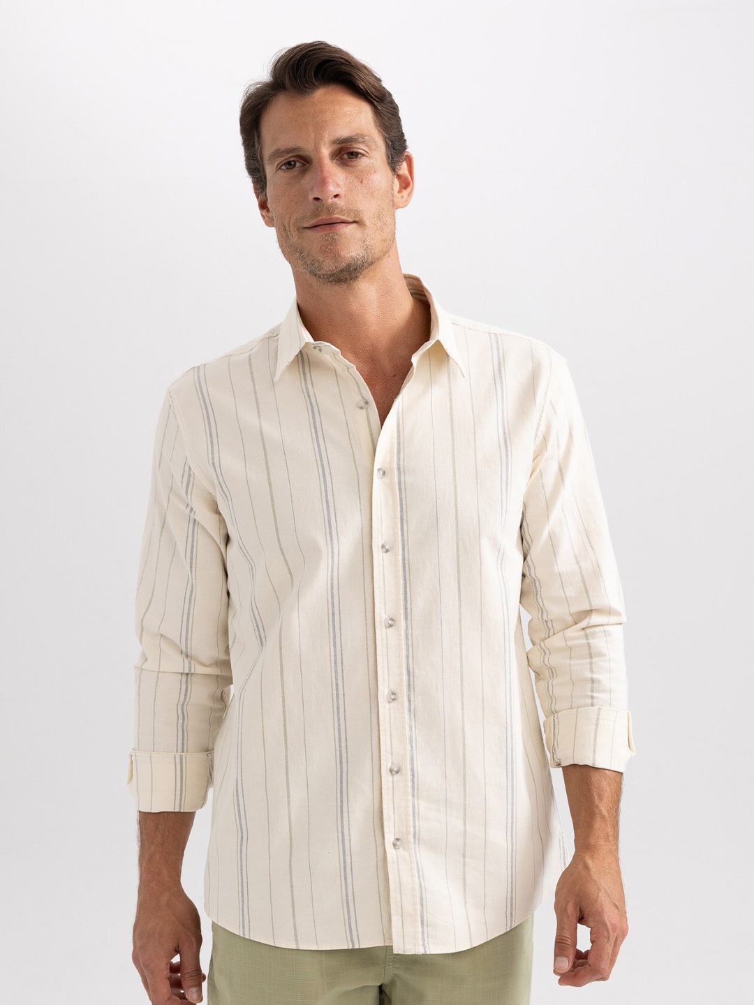 

DeFacto Regular Fit Spread Collar Vertical Striped Cotton Casual Shirt, Beige