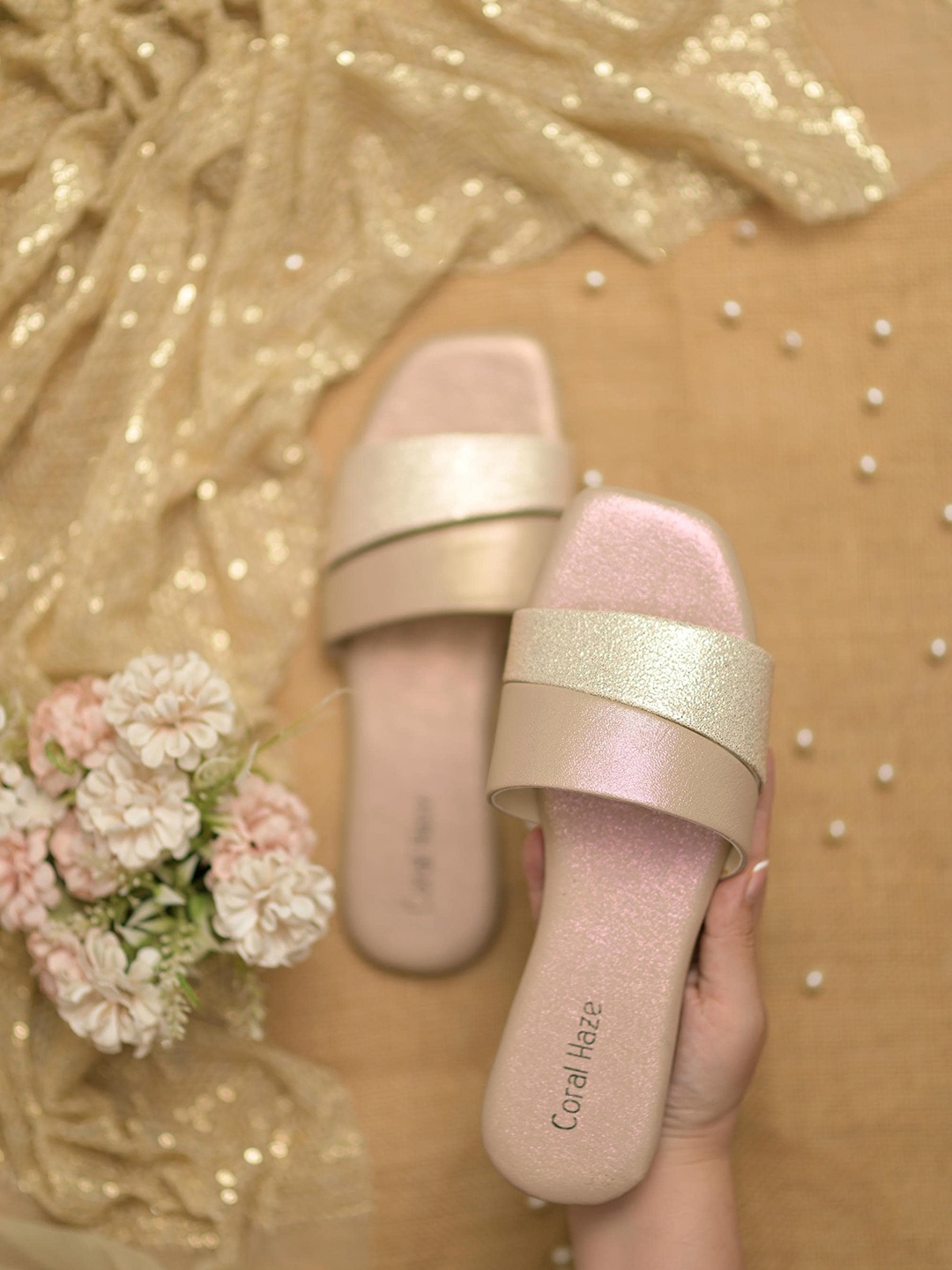 

Coral Haze Giana Shimmered Open Toe Flats, Gold