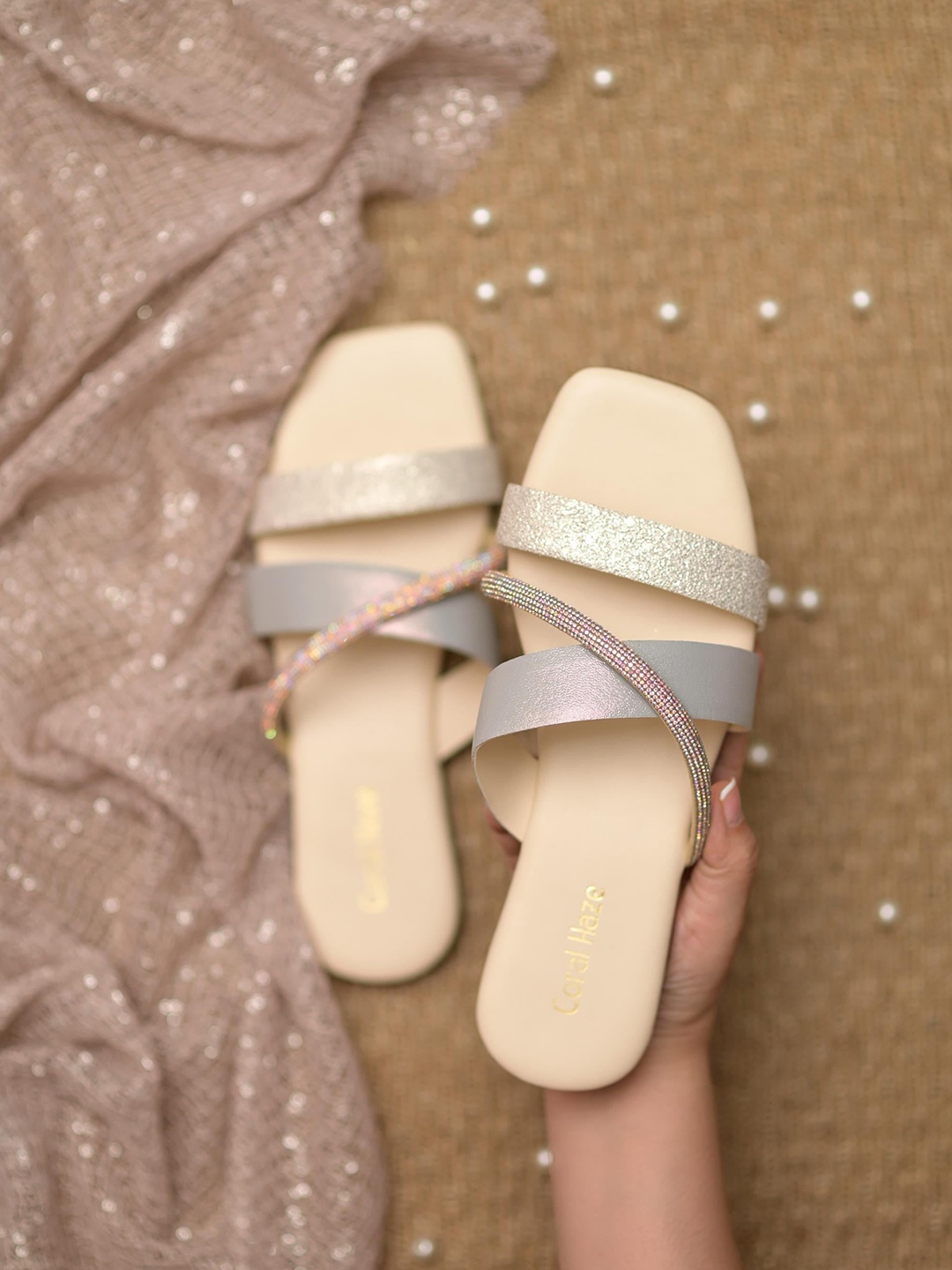

Coral Haze Hazel Embellished Open Toe Flats, White