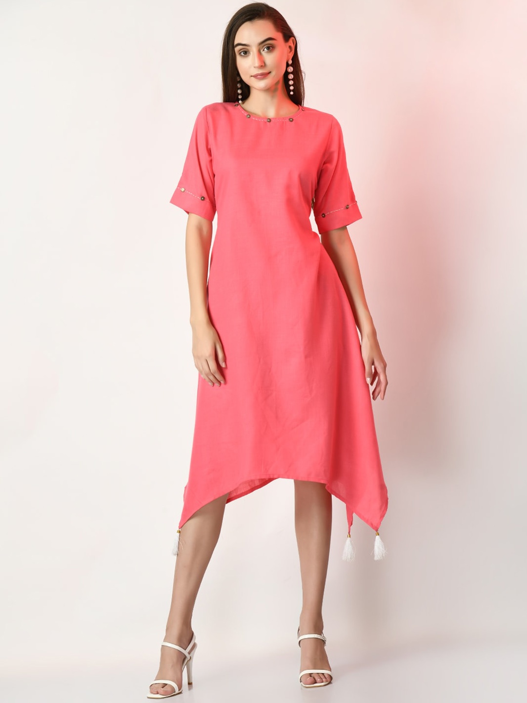 

Sangria Embellished Asymmetric Cotton A-Line Dress, Pink