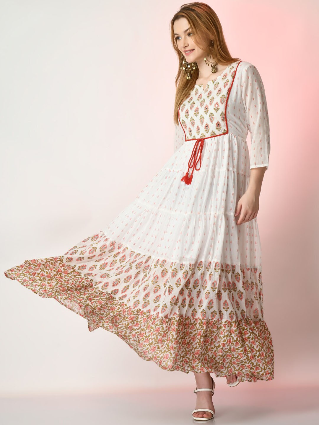 

Sangria White Floral Printed Gathered Tiered Cotton Fit & Flare Maxi Ethnic Dress