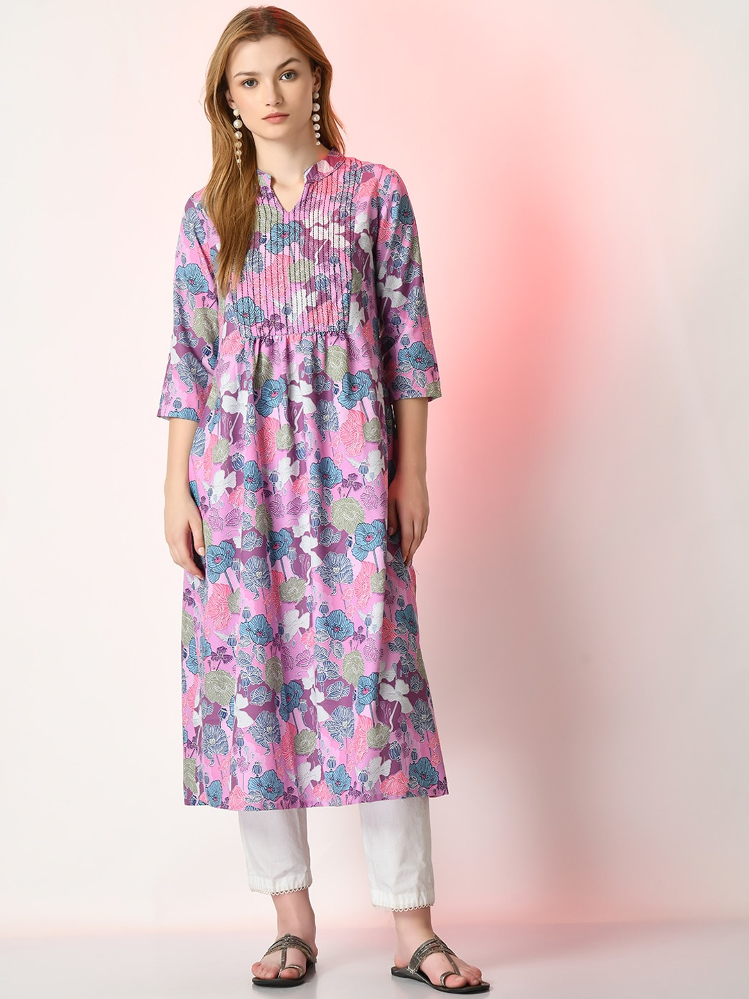 

Sangria Floral Printed A-Line Linen Kurta, Pink