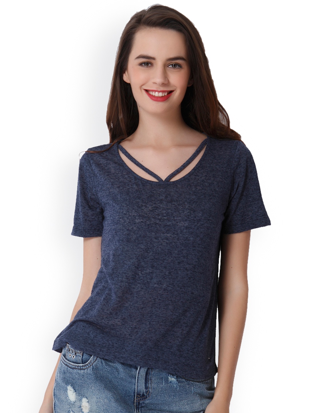 

ONLY Women Navy Blue Solid Round Neck T-shirt