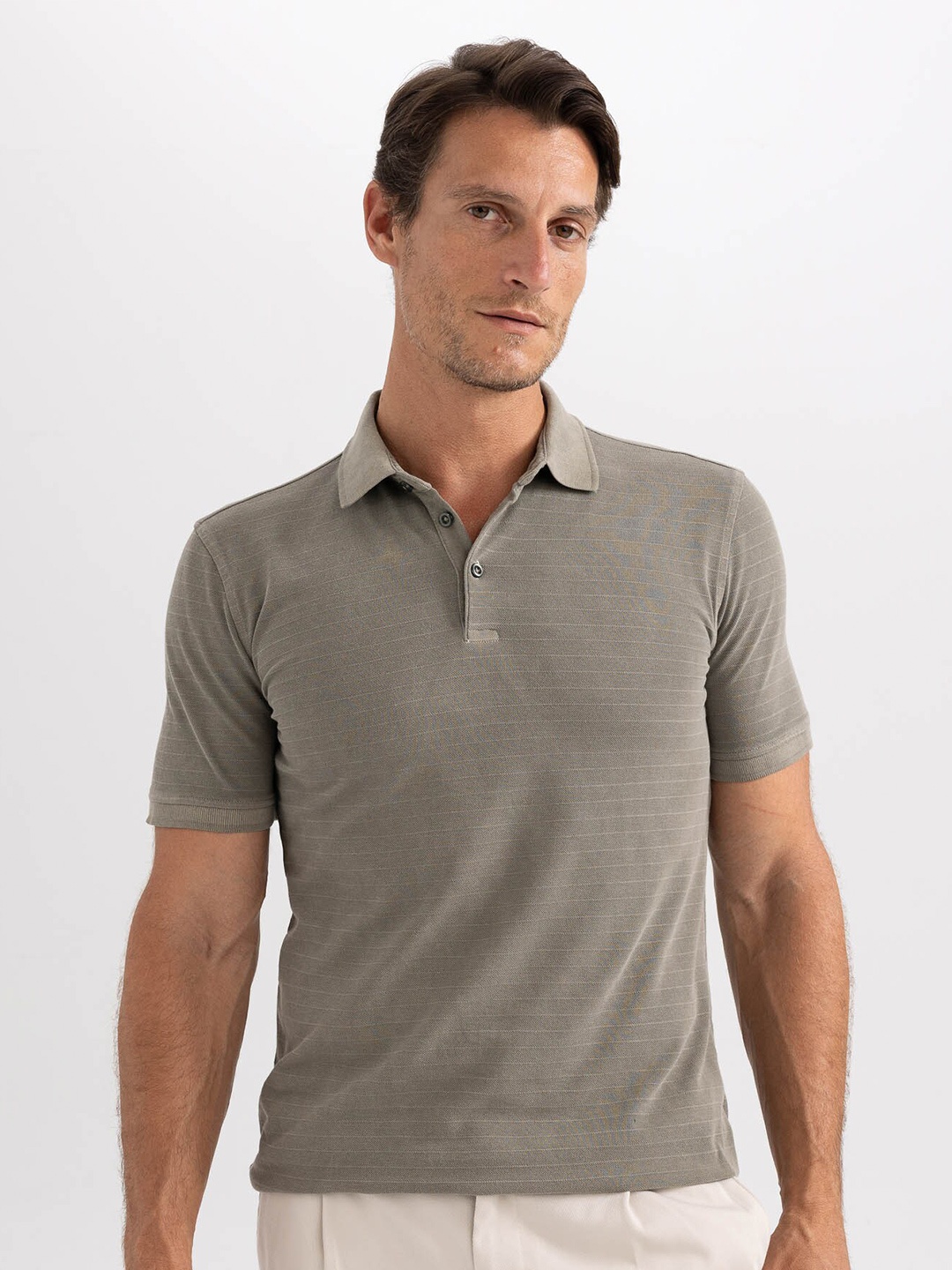 

DeFacto Striped Polo Collar Pure Cotton T-shirt, Grey