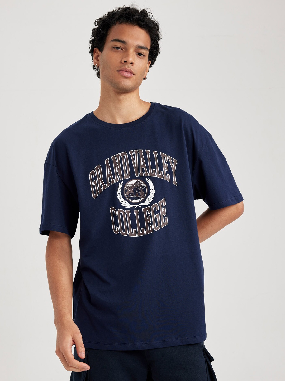 

DeFacto Typography Printed Cotton T-shirt, Navy blue