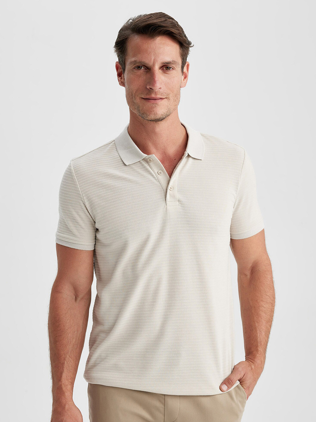 

DeFacto Self Design Polo Collar T-shirt, Cream