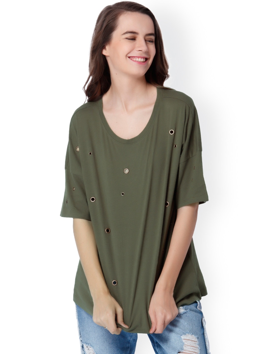

ONLY Women Olive Green Loose Studded Round Neck Pure Cotton T-shirt