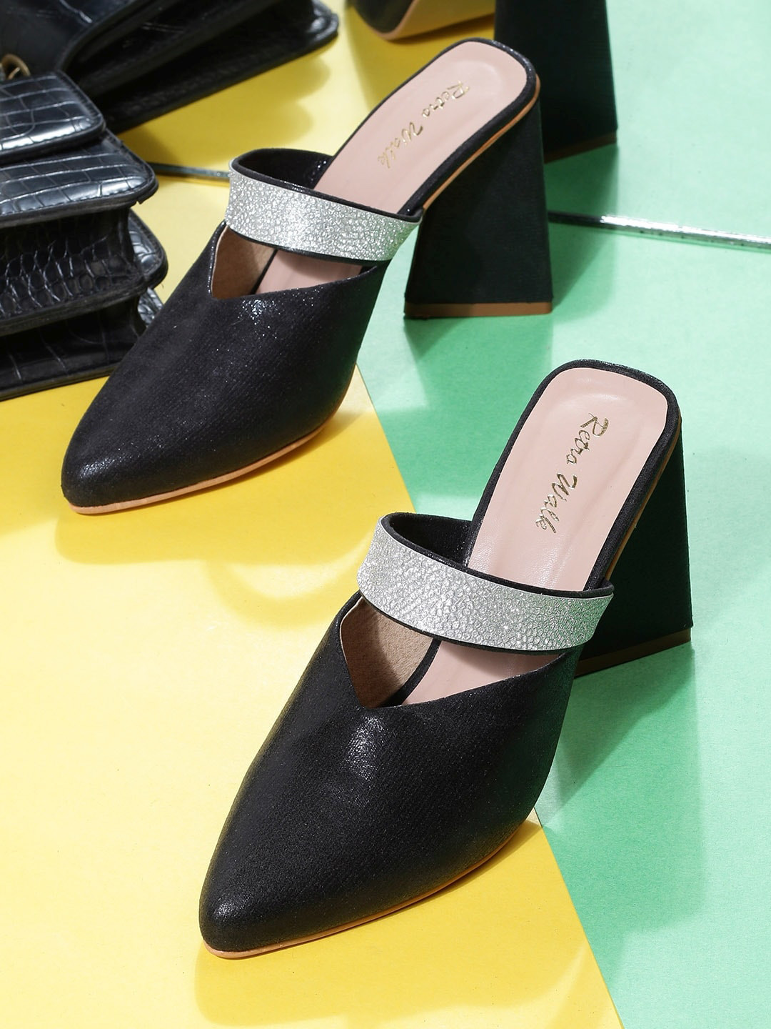 

Retro Walk Pointed Toe Embellished Block Mules, Black
