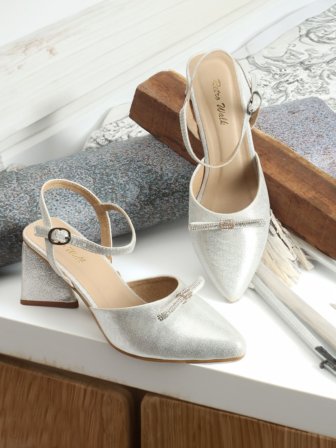 

Retro Walk Embellished Block Heels with Buckles, Silver
