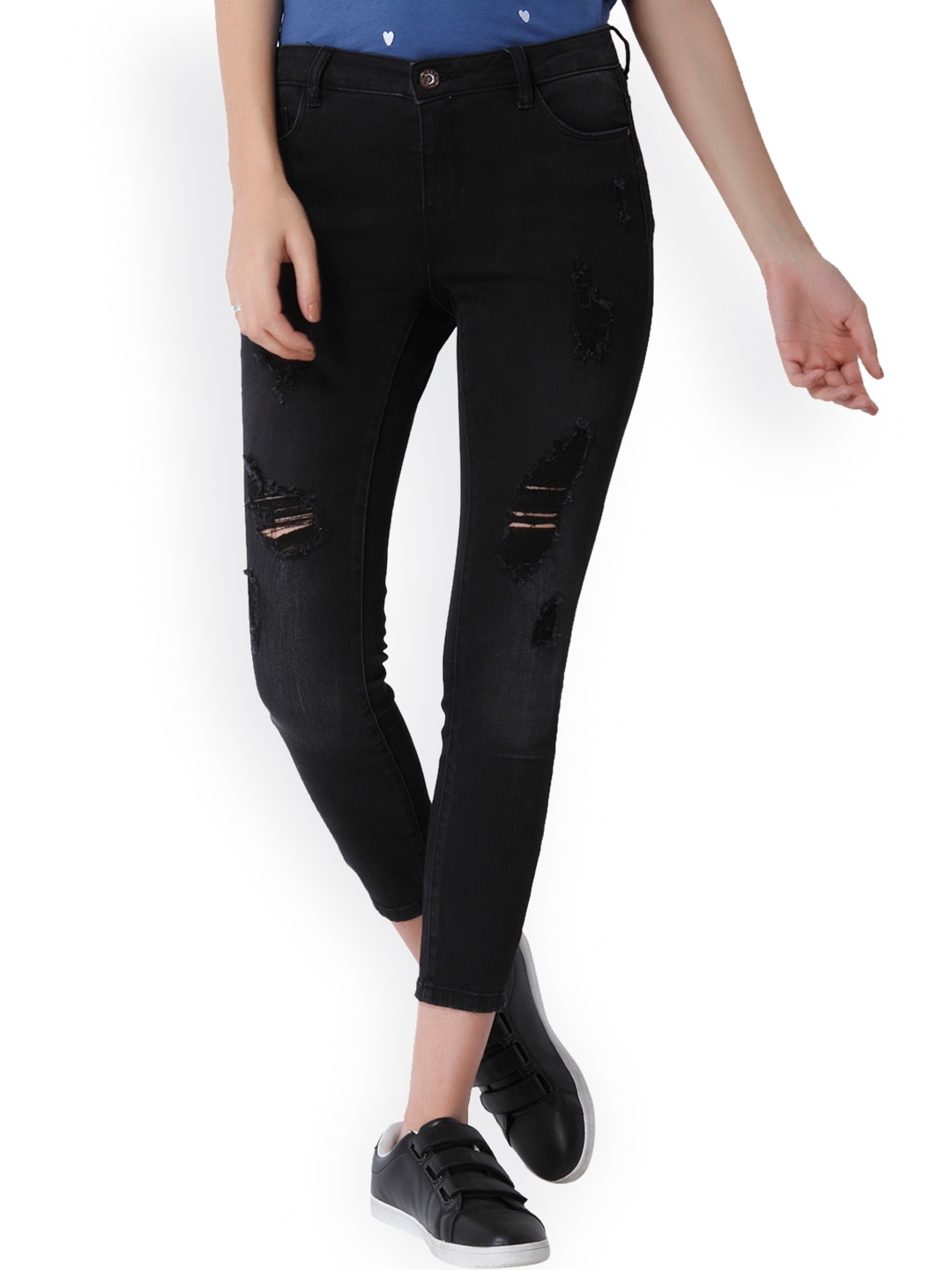 

ONLY Women Black Skinny Fit Mid-Rise Highly Distressed Stretchable Jeans