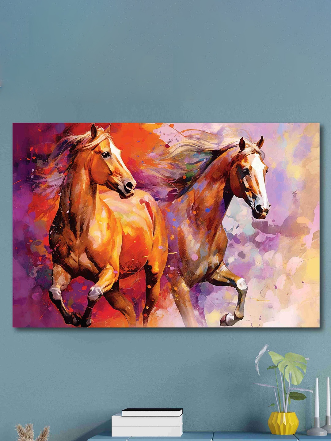 

SAF Orange & lavender Running Horse Printed Cotton Wall Art, Multi