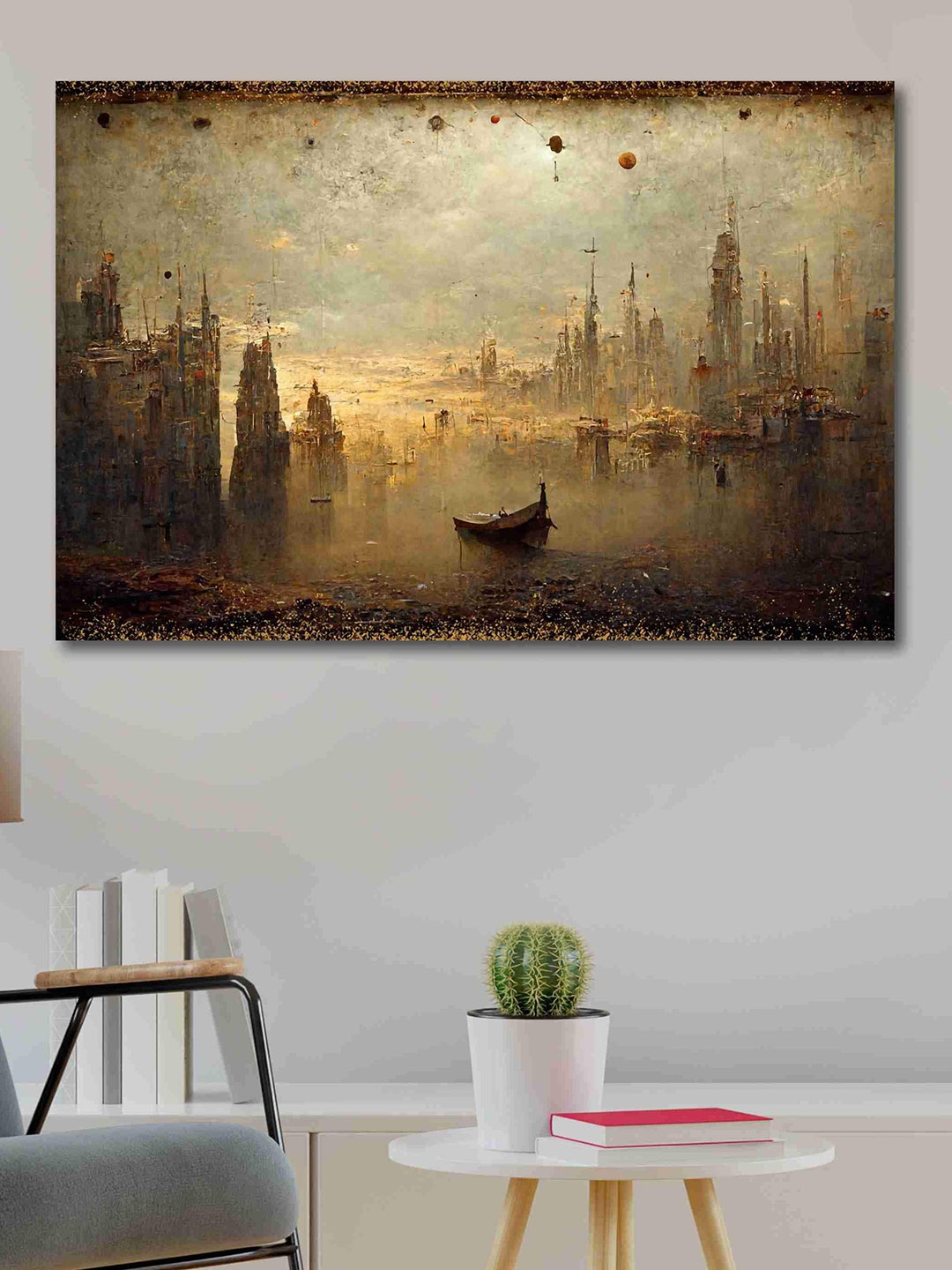 

SAF Grey & Gold Vintage City Printed Cotton Wall Art