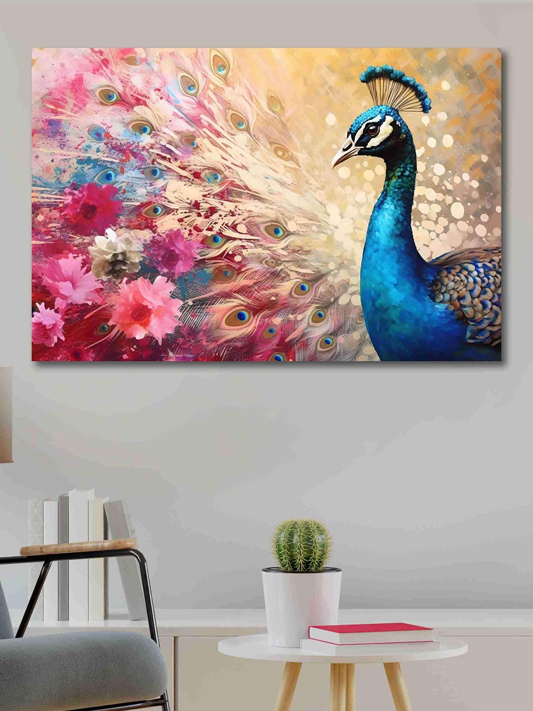 

SAF Blue & Pink Printed Beautiful Peacock Cotton Wall Art