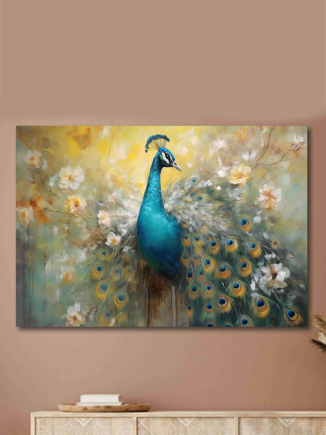 

SAF Blue & Gold Beautiful Peacock Print Cotton Wall Art