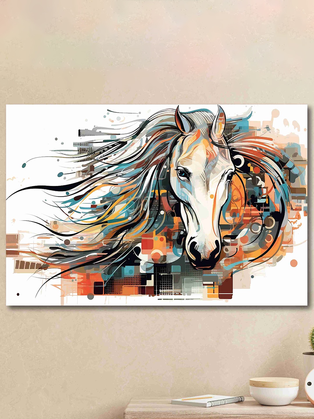 

SAF Orange-Coloured & Blue Running Horse Printed Canvas Unframed Wall Art
