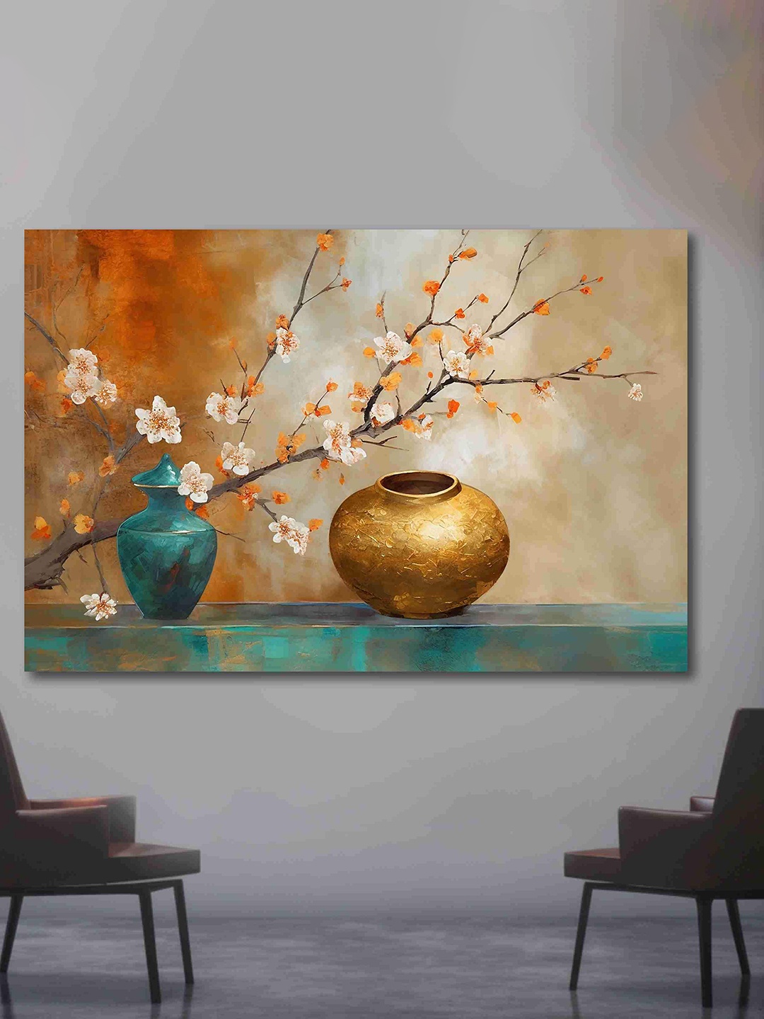 

SAF SAF Blue & Orange Flower Canvas Painting Unframed Rolled Wall Art