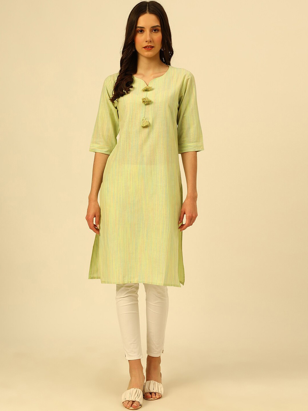 

KALINI Woven Design V-Neck Straight Kurta, Green