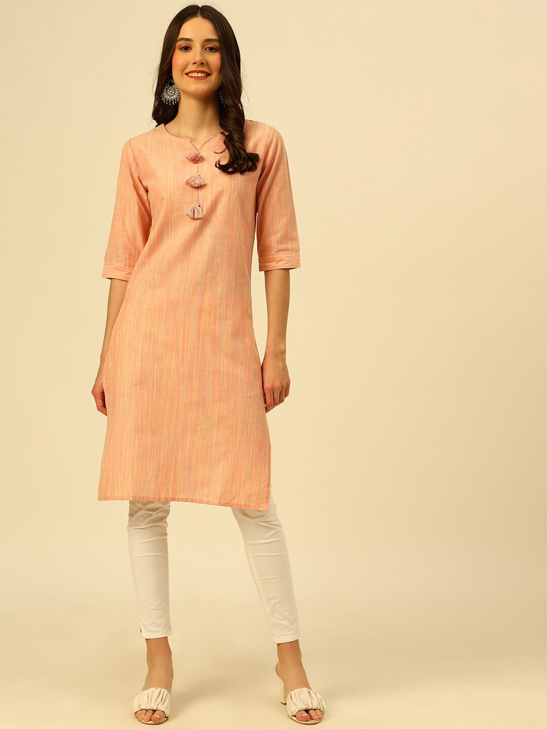 

KALINI Woven Design Round Neck With Notched Straight Cotton Kurta, Orange