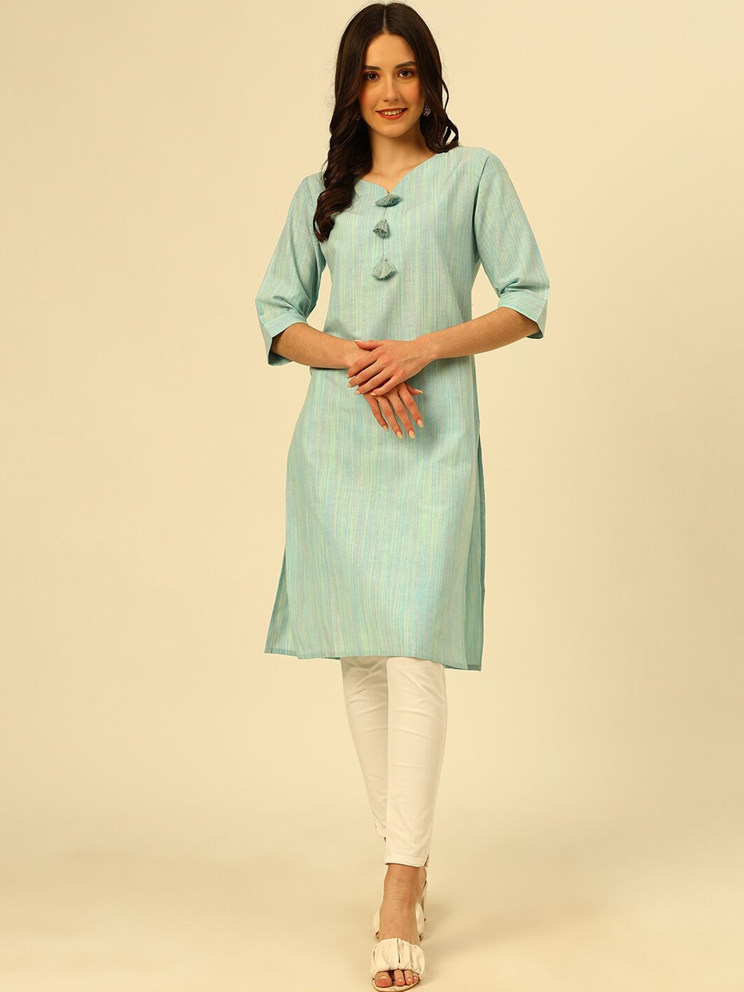 

KALINI Woven Design Pure Cotton Straight Kurta, Blue