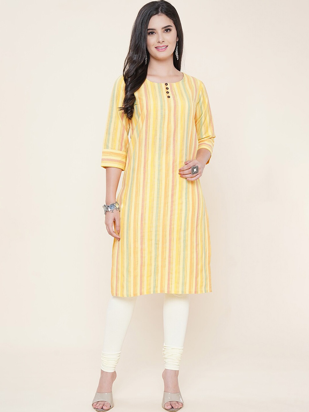 

KALINI Striped Round Neck Straight Kurta, Yellow