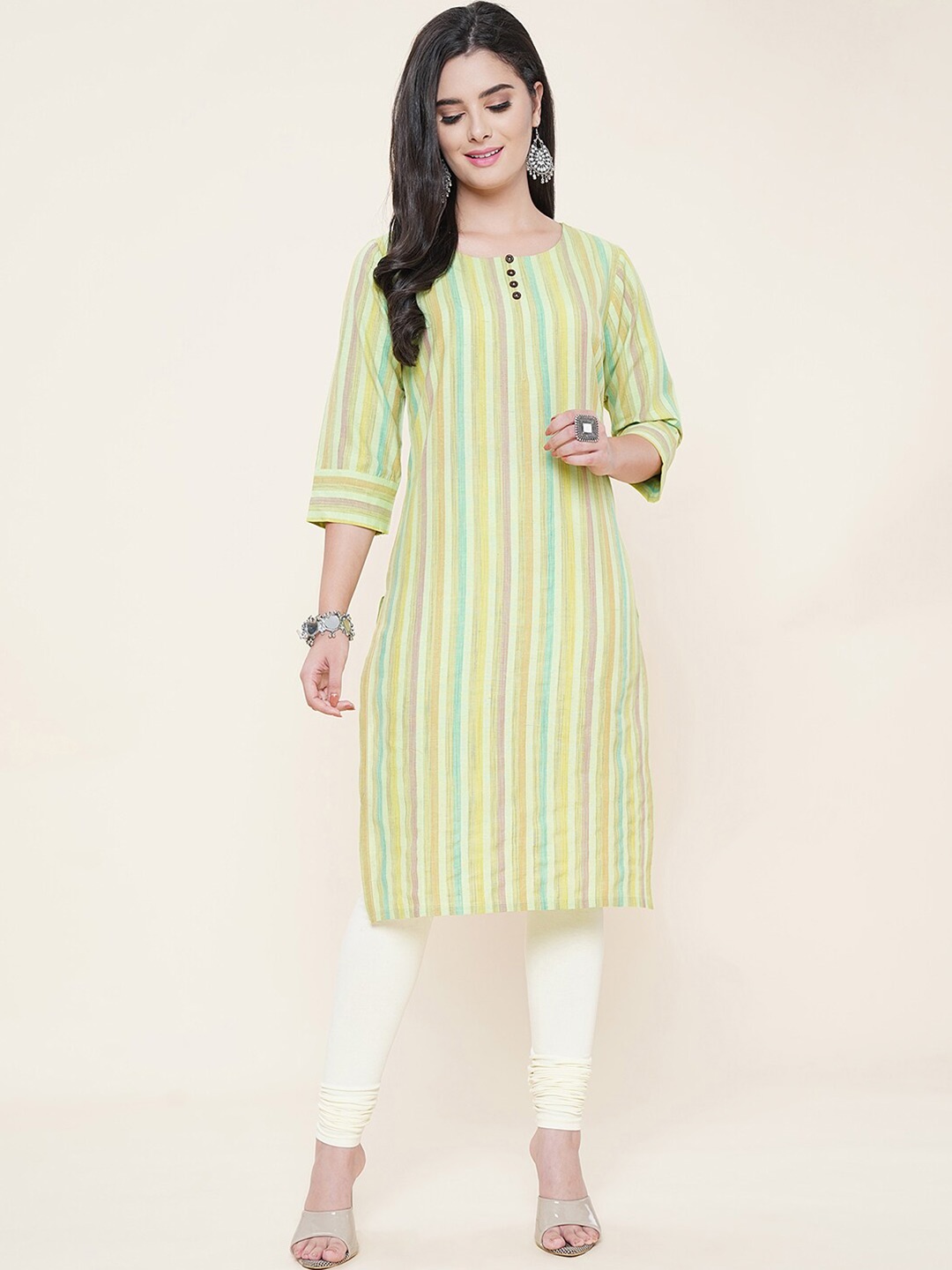 

KALINI Vertical Striped Cotton Kurta, Green