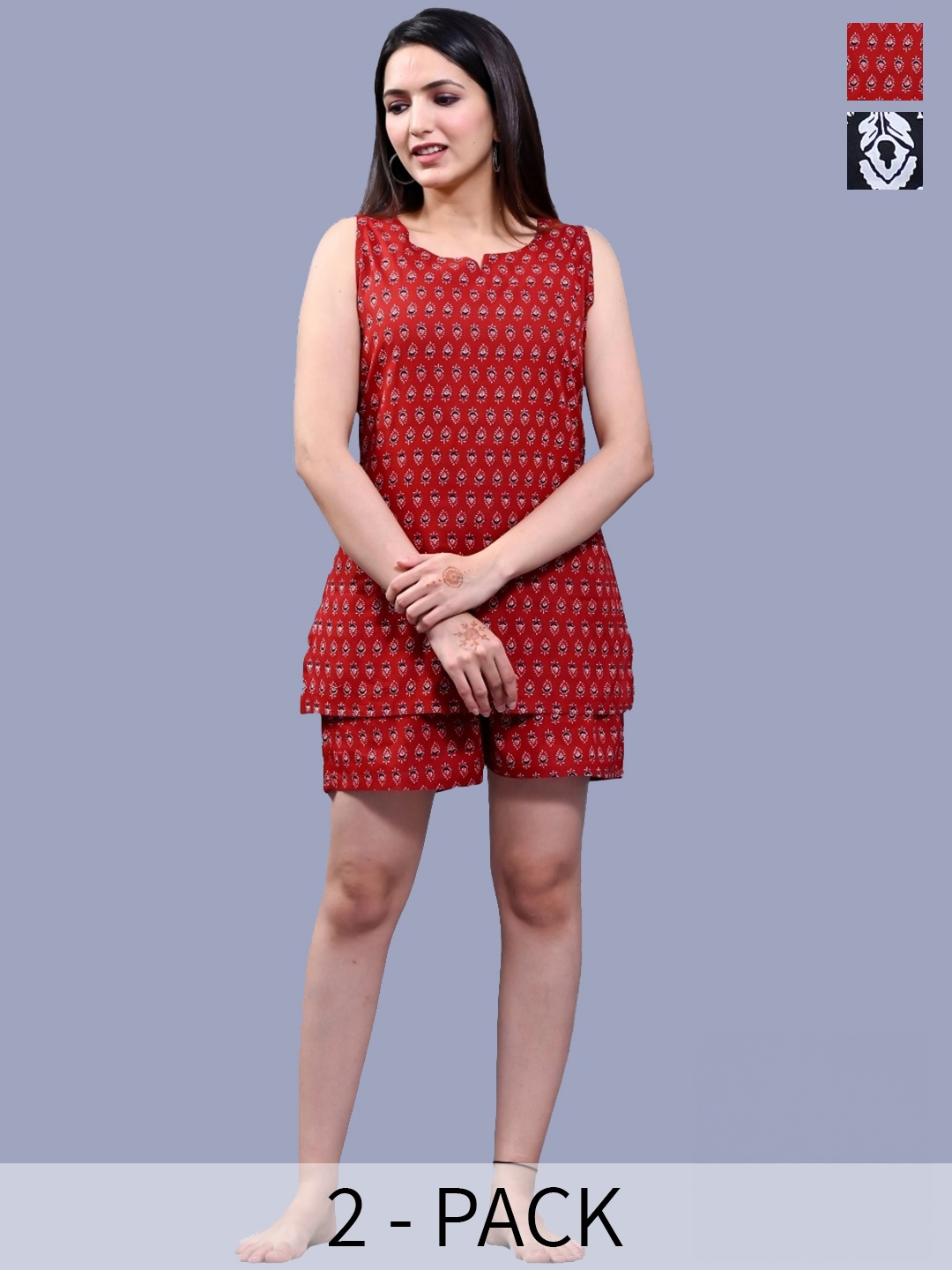 

Krati Creations Pack Of 2 Floral Print Sleeveless Cotton Night Suit, Red