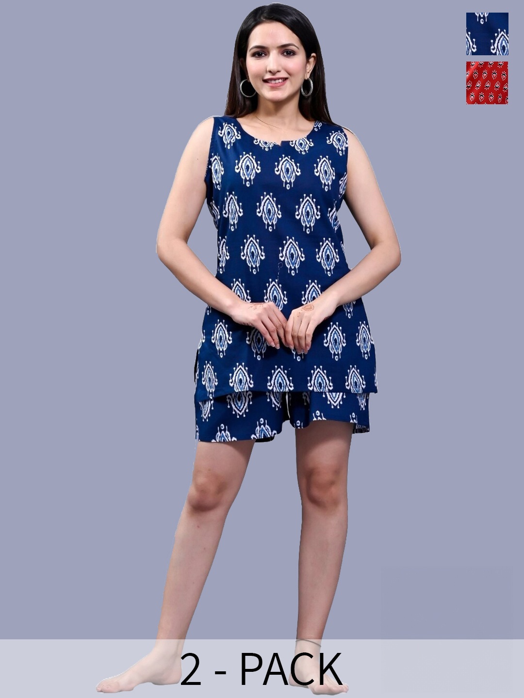 

Krati Creations Pack Of 2 Ethnic Motifs Printed Pure Cotton Night Suit, Red