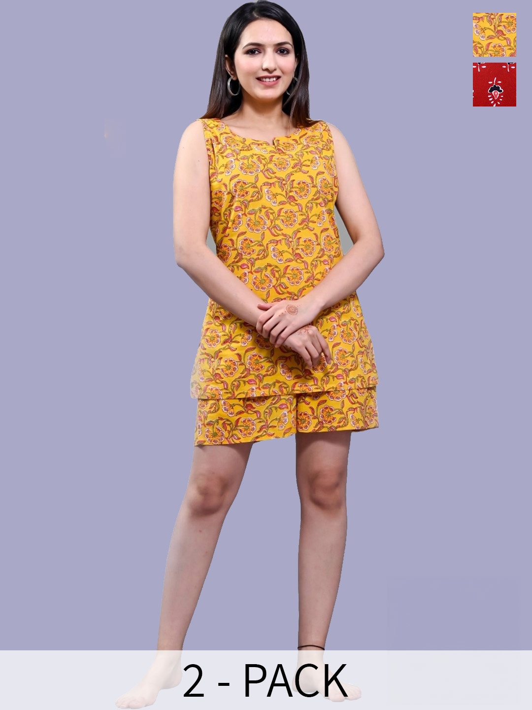 

Krati Creations Ethnic Motifs Printed Sleeveless Pure Cotton Top With Shorts, Red