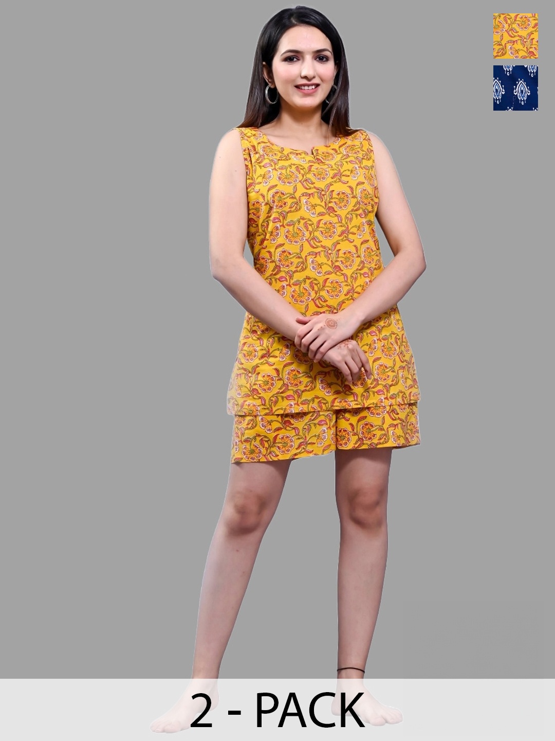 

Krati Creations Pack Of 2 Floral Printed Pure Cotton Top With Shorts, Navy blue
