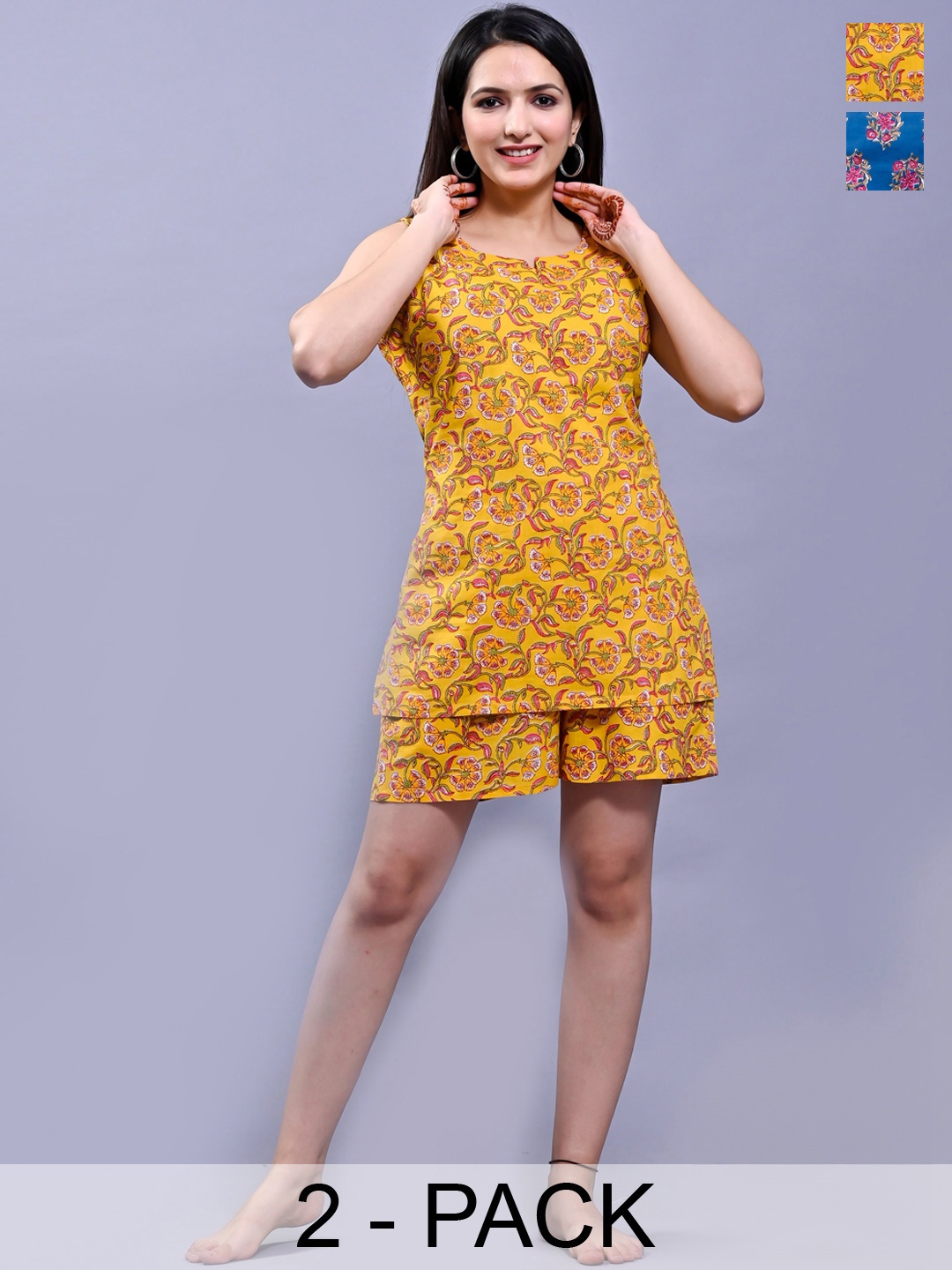 

Krati Creations Pack Of 2 Printed Pure Cotton Top and Shorts, Mustard