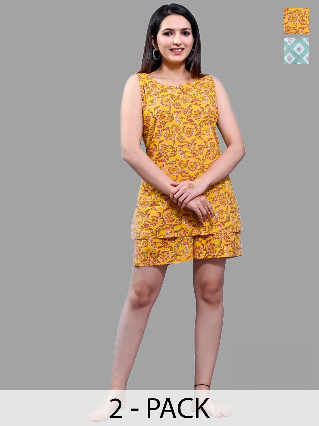 

Krati Creations Pack Of 2 Ethnic Motifs Printed Pure Cotton Night Suit, Mustard