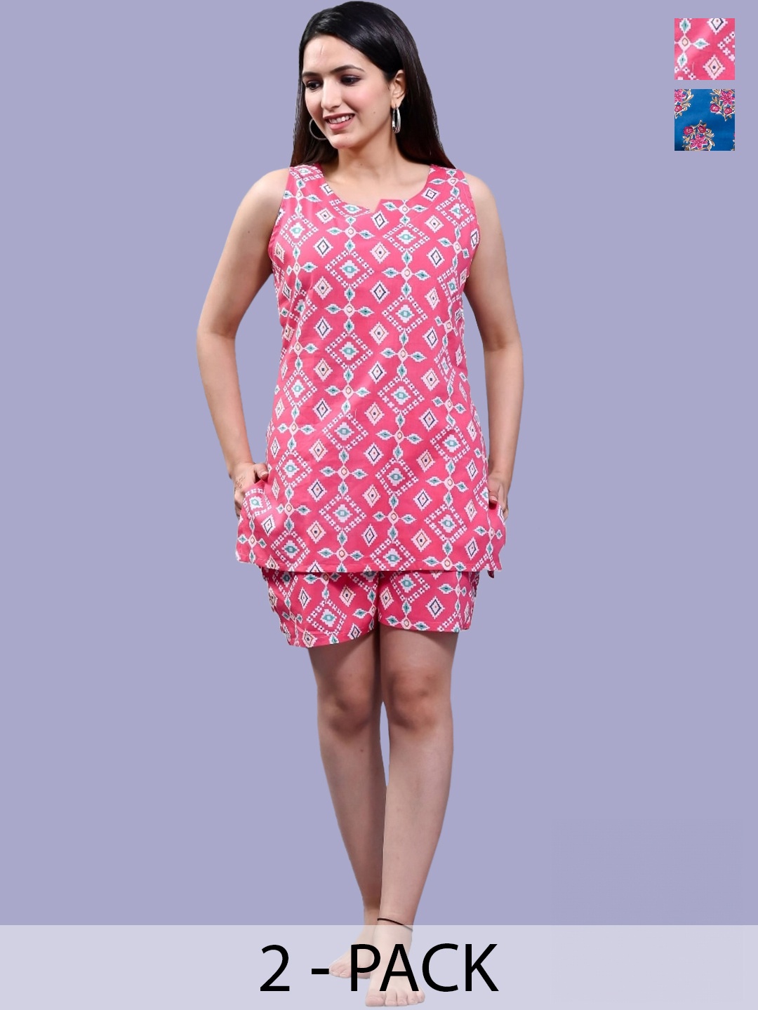 

Krati Creations Pack Of 2 Floral Printed Sleeveless Pure Cotton Top With Shorts, Pink