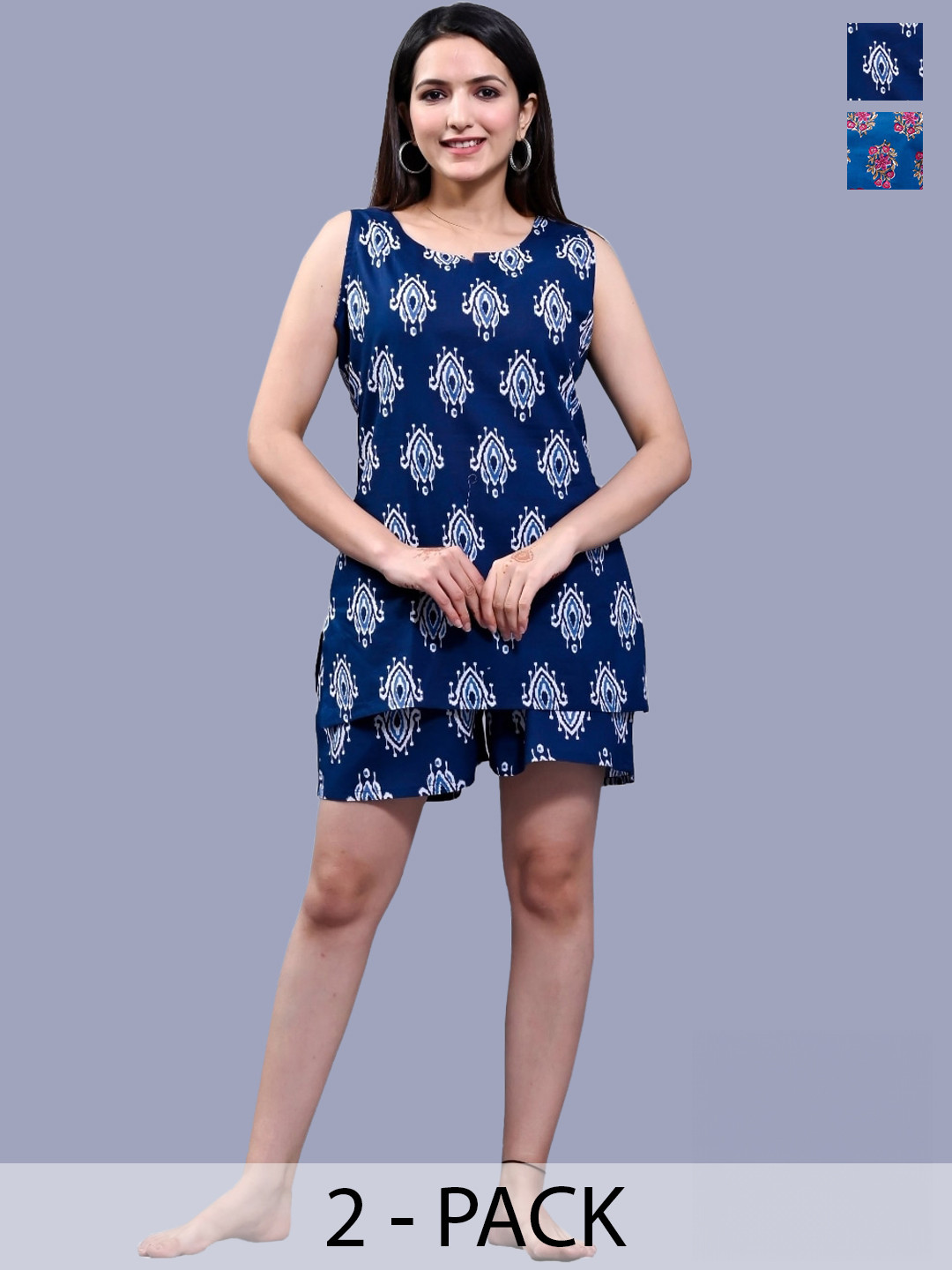 

Krati Creations Pack Of 2 Floral Printed Pure Cotton Top With Shorts, Navy blue