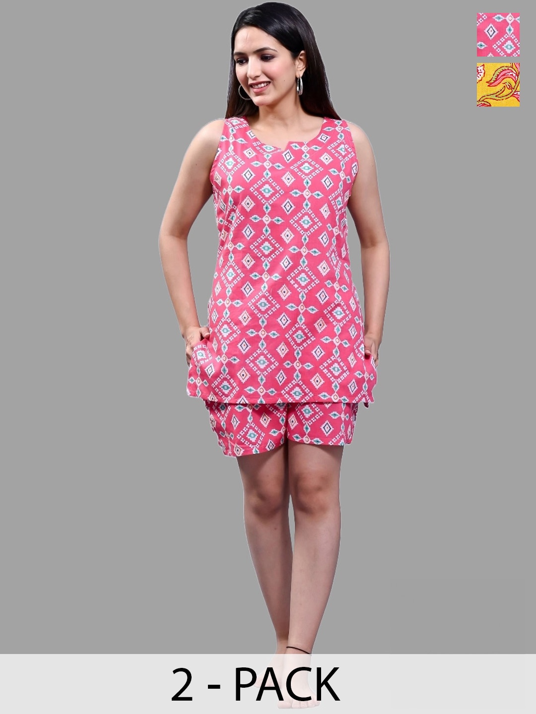

Krati Creations Pack Of 2 Printed Pure Cotton Top and Shorts, Mustard