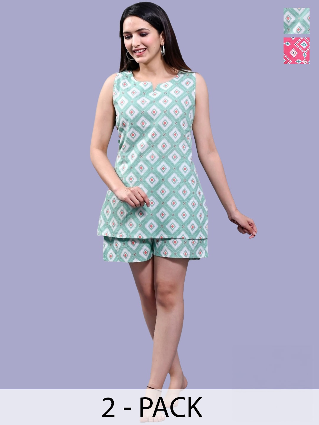 

Krati Creations Pack Of 2 Ethnic Print Sleeveless Cotton Night Suit, Pink