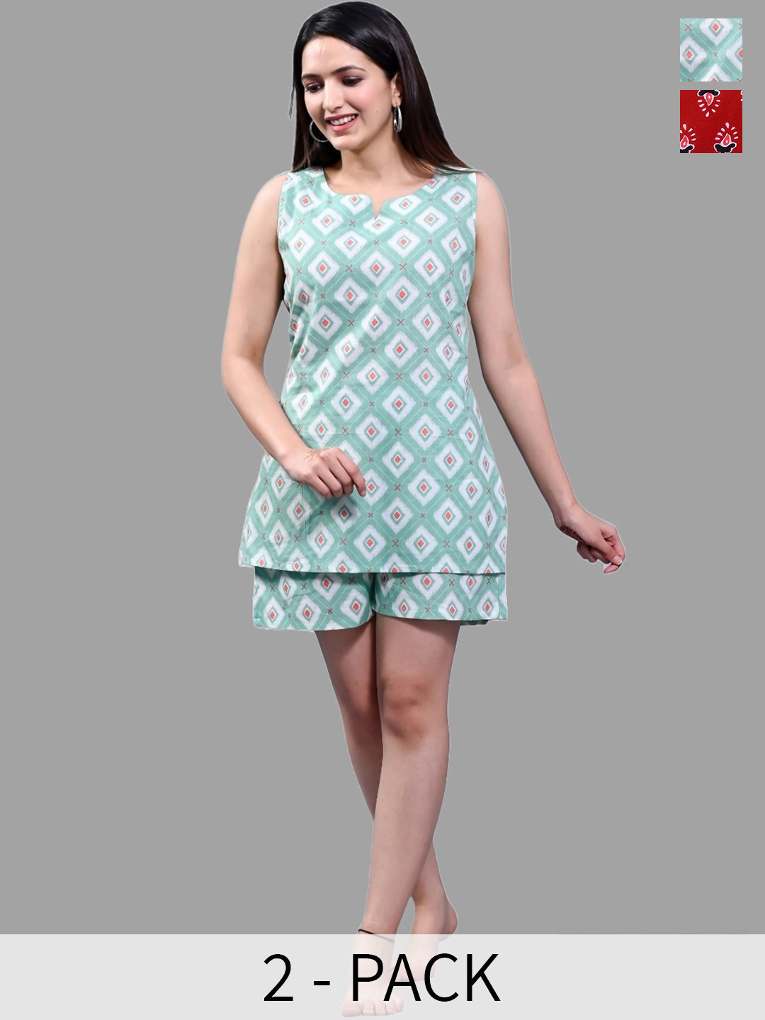 

Krati Creations Pack Of 2 Ethnic Motifs Printed Pure Cotton Night suit, Red