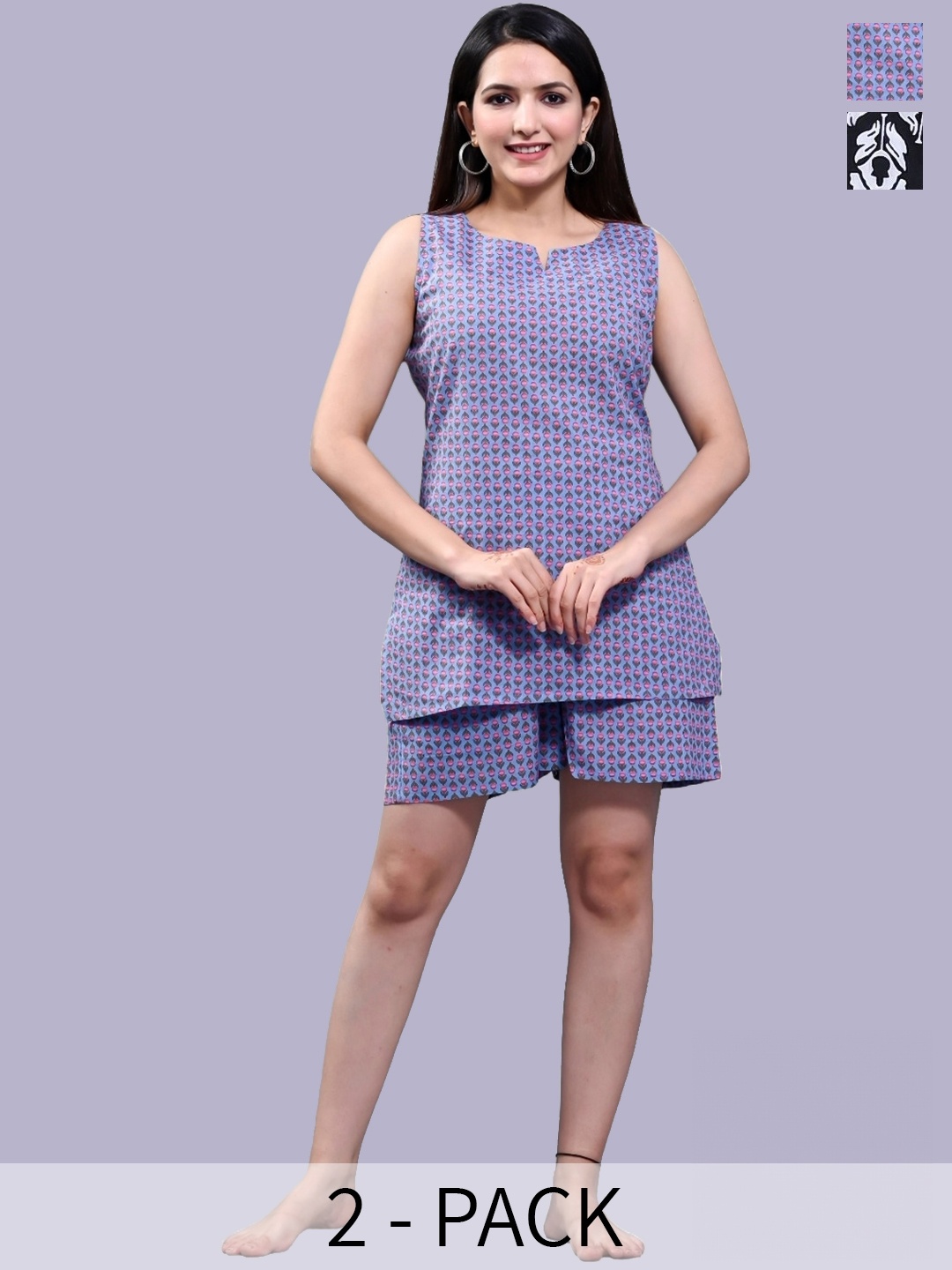 

Krati Creations Ethnic Motifs Printed Sleeveless Pure Cotton Top With Shorts, Purple