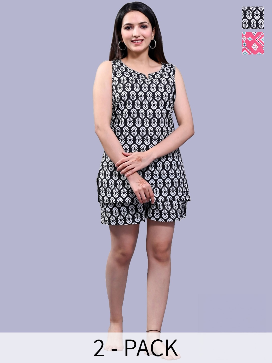 

Krati Creations Pack Of 2 Floral Printed Sleeveless Pure Cotton Top With Shorts, Black