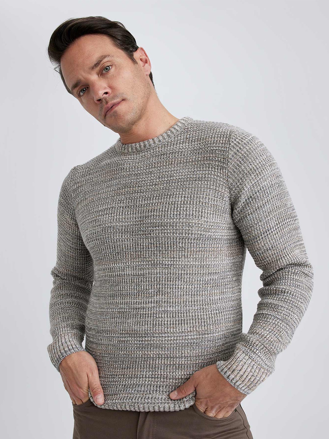 

DeFacto Round Neck Ribbed Acrylic Pullover, Grey