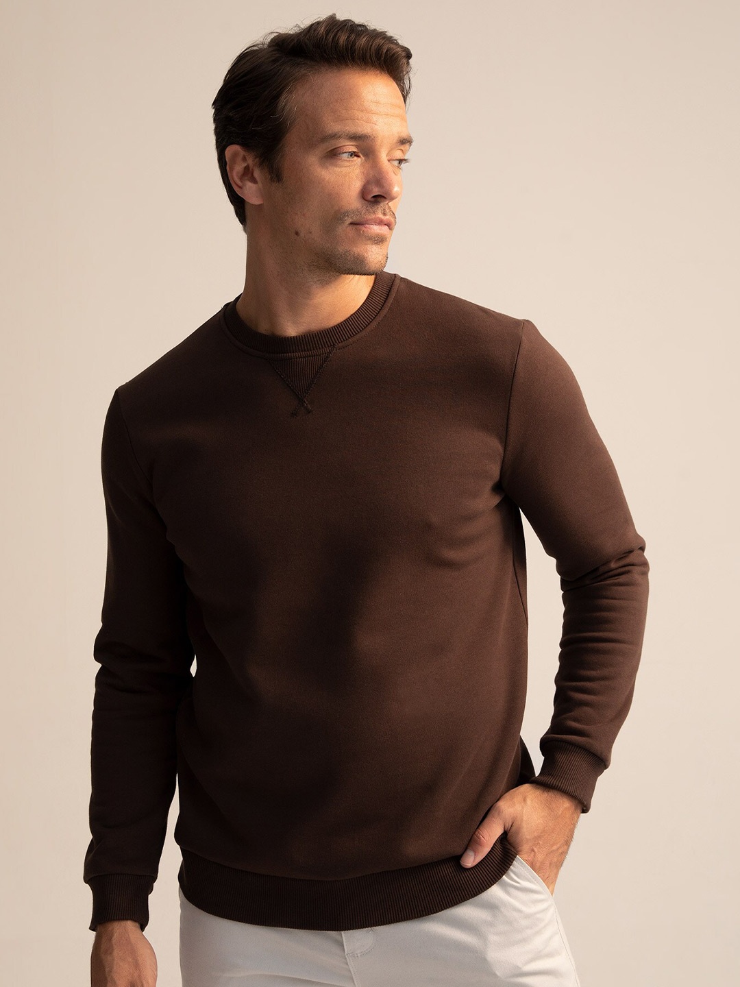 

DeFacto Round Neck Ribbed Hem Pullover, Brown